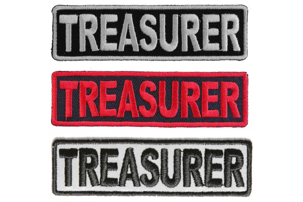 TREASURER Patches Embroidered In White Red Over Black and 1 Reflective Patch