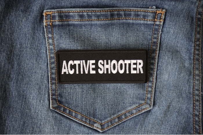 Active Shooter Patch shown on jeans