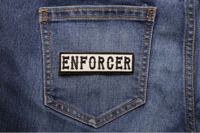Enforcer Patch Black On White shown on jeans