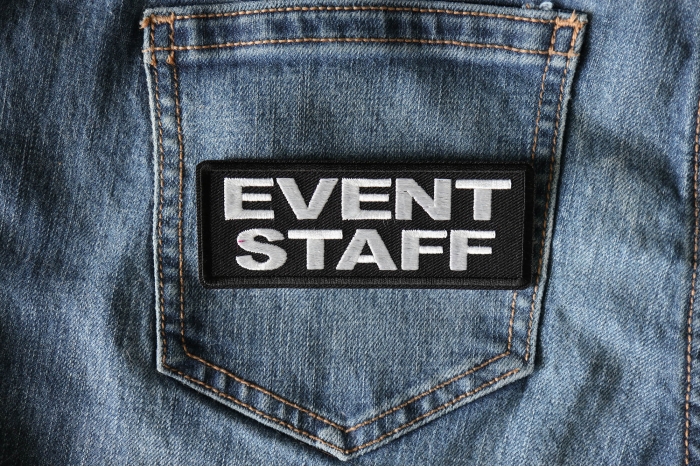 Event Staff Patch White shown on jeans