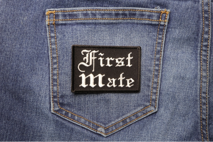 First Mate Patch In Old English shown on jeans