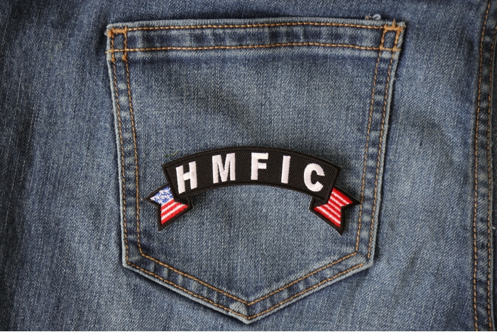 HMFIC Small Flag Rocker Patch shown on jeans