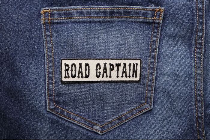 Road Captain Patch Black On White shown on jeans