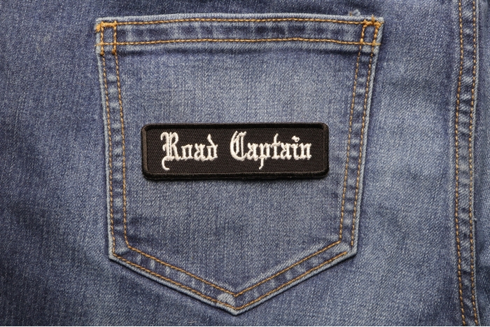 Road Captain Patch In Old English shown on jeans