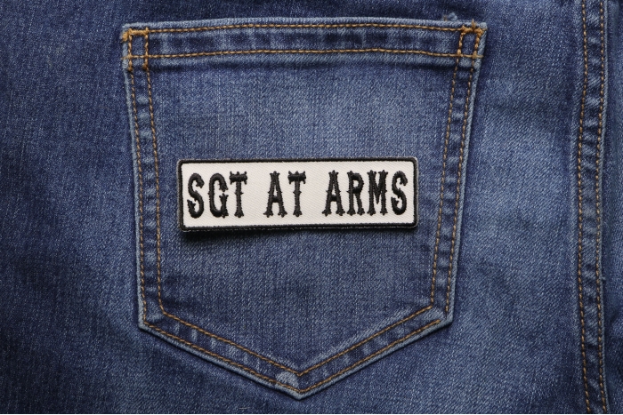 Sgt At Arms Patch Black On White shown on jeans