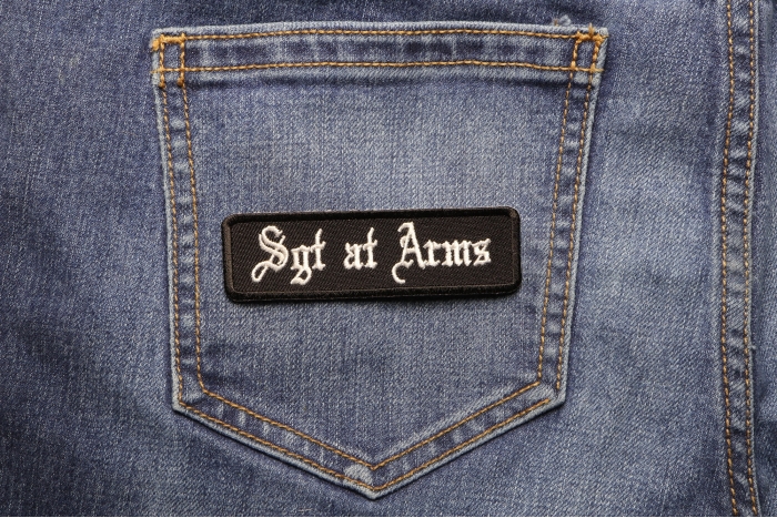Sgt At Arms Patch In Old English shown on jeans