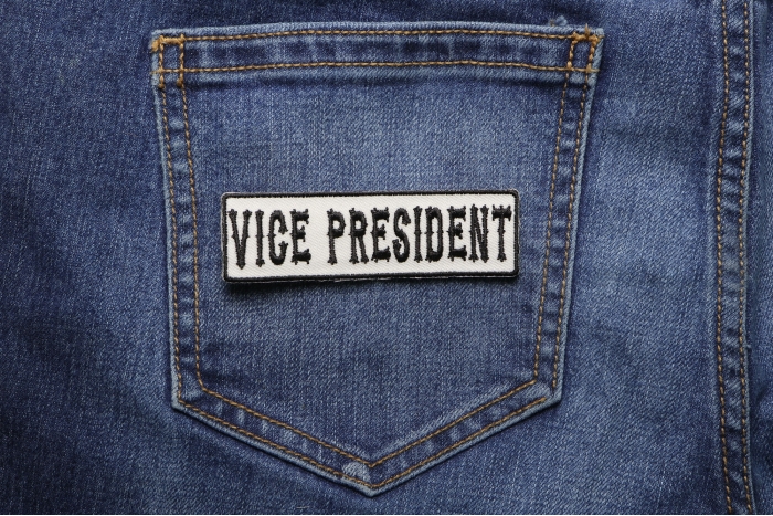 Vice President Patch Black On White shown on jeans