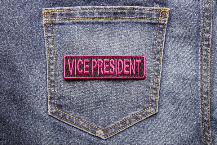 Vice President Patch 3.5 Inch Pink shown on jeans