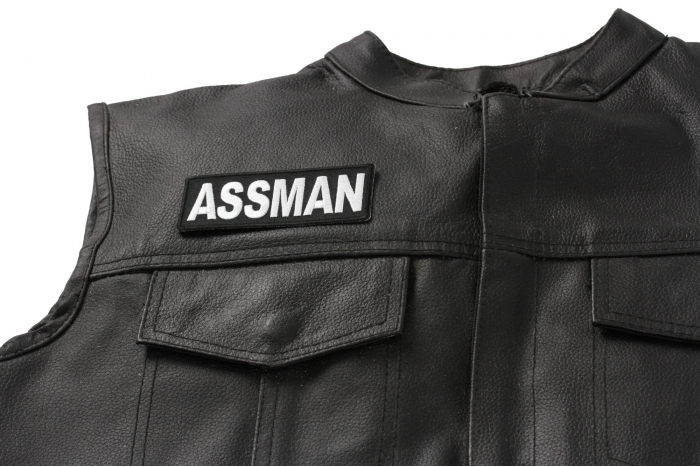 Assman Patch, Funny Patches for Adults shown on leather vest