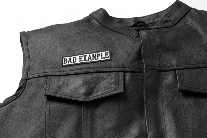 Bad Example Patch, Motorcycle Club Patches for Bikers shown on leather vest