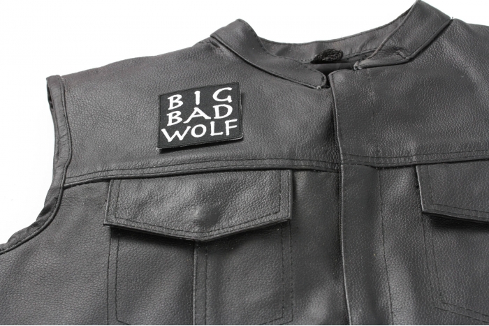 Big Bad Wolf Patch - By Ivamis Trading - 2.5x2.5 inch - Embroidered Iron on Patch shown on leather vest