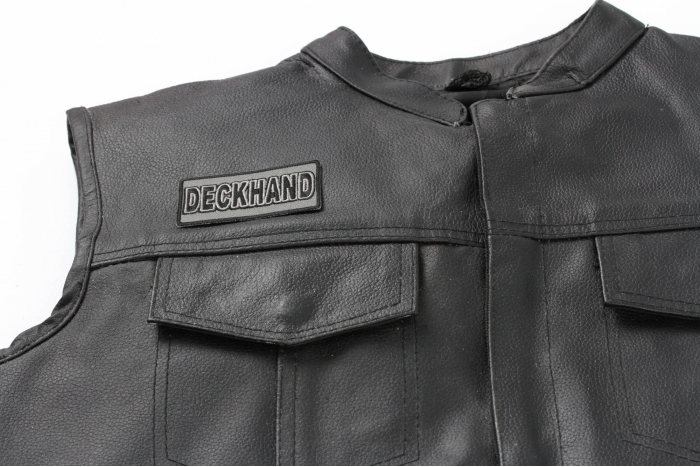 Deckhand Patch - Iron on Patch - 3x1.5 inch shown on leather vest