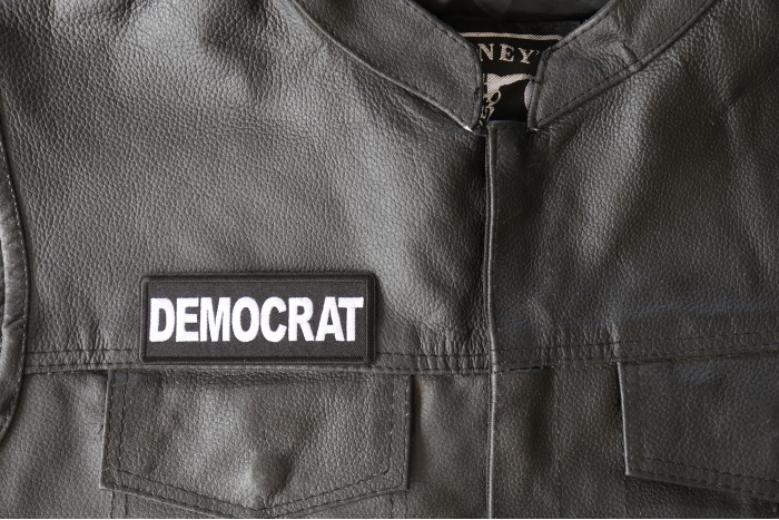 Democrat Patch - 4x1.5 inch - Embroidered Iron on Patch shown on leather vest