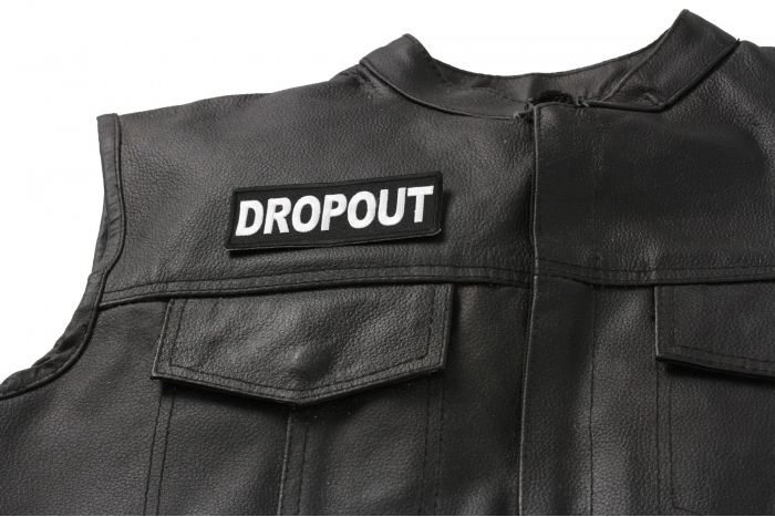 Dropout Patch - Iron on Patch - 4x1.5 inch shown on leather vest