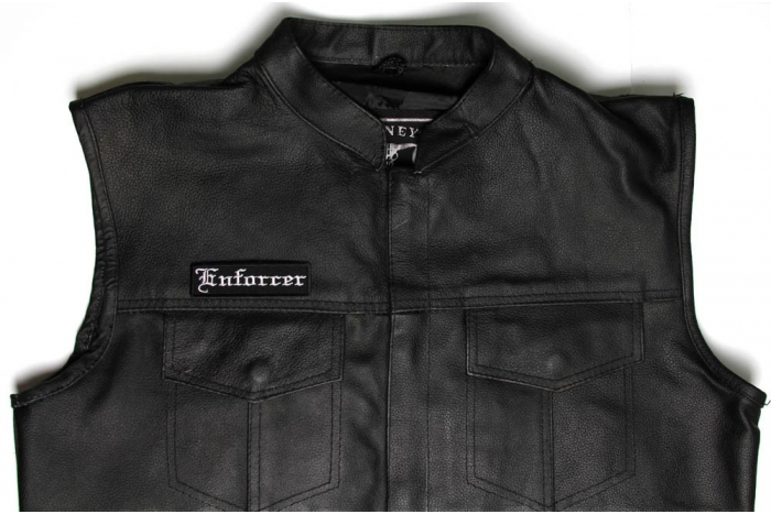 Enforcer Patch In Old English - Iron on Patch - 3.5x1 inch shown on leather vest