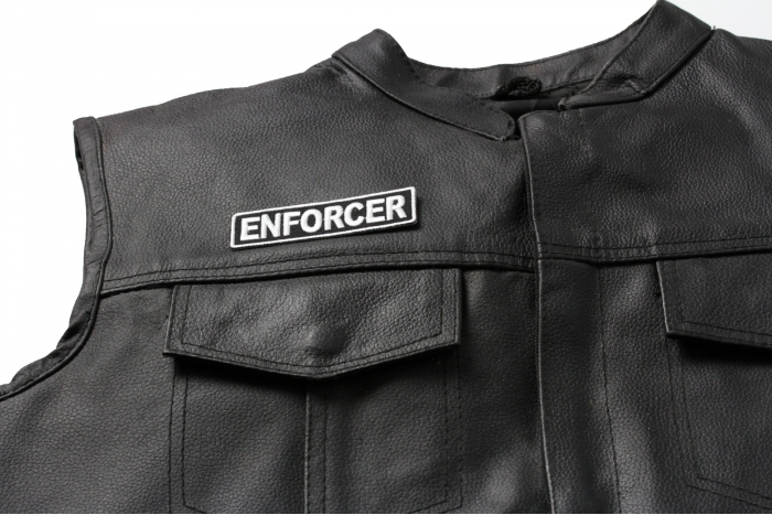 Enforcer Patch, Motorcycle Club Patches for Bikers shown on leather vest