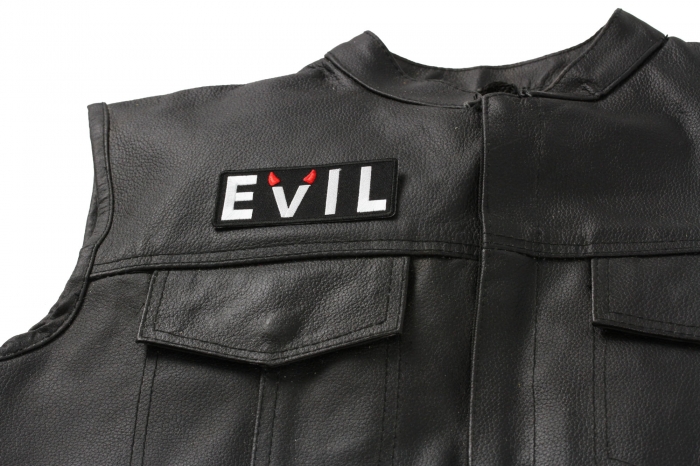 Evil Patch With Devil Horns - 3x1.5 inch. Embroidered Iron on Patch shown on leather vest