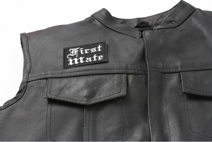 First Mate Patch In Old English - Iron on Patch - 3x2 inch shown on leather vest