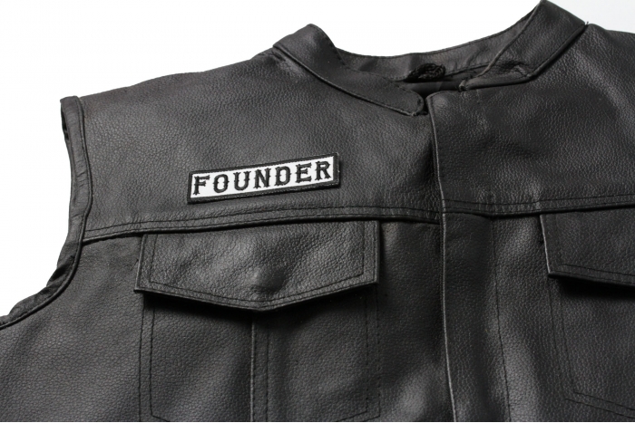 Founder Patch Black On White - Iron on Patch - 3.5x1 inch shown on leather vest