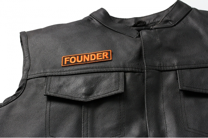 Founder Patch 3.5 Inch Orange - Iron on Patch - 3.5x1 inch shown on leather vest