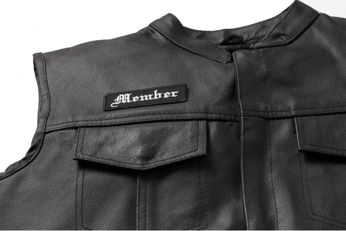 Member Patch In Old English - Iron on Patch - 3.5x1 inch shown on leather vest