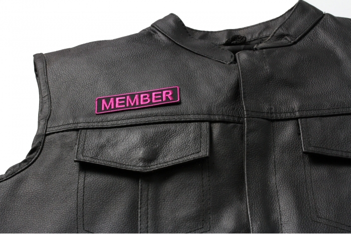 Member Patch 3.5 Inch Pink - Iron on Patch - 3.5x1 inch shown on leather vest