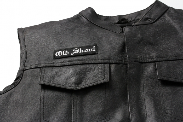 Old Skool Patch, Biker Sayings shown on leather vest