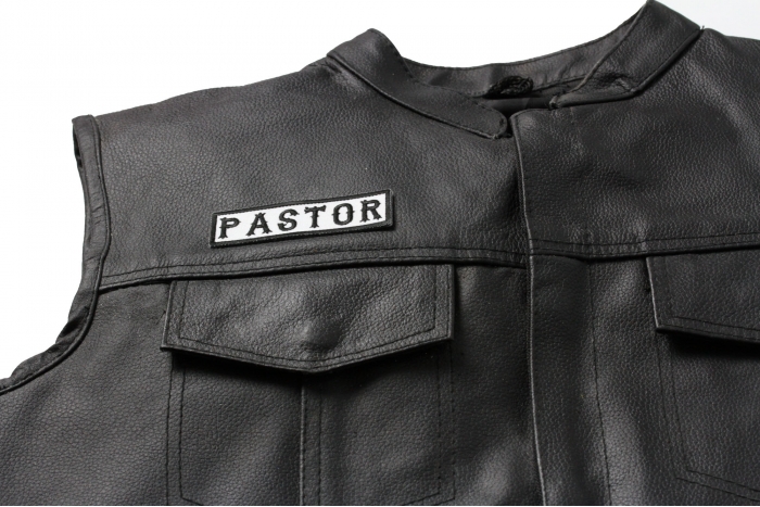 Pastor Patch Black On White - Iron on Patch - 3.5x1 inch shown on leather vest