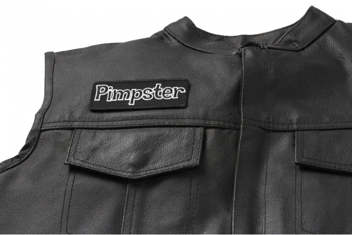 Pimpster Patch, Funny Saying Patches shown on leather vest