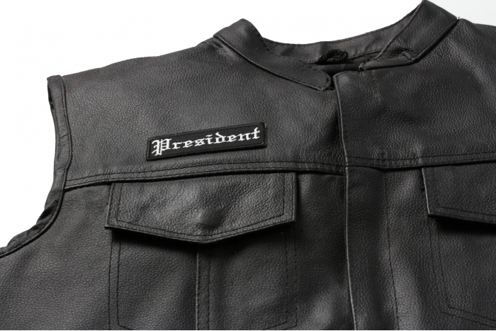 President Patch In Old English - Iron on Patch - 3.5x1 inch shown on leather vest