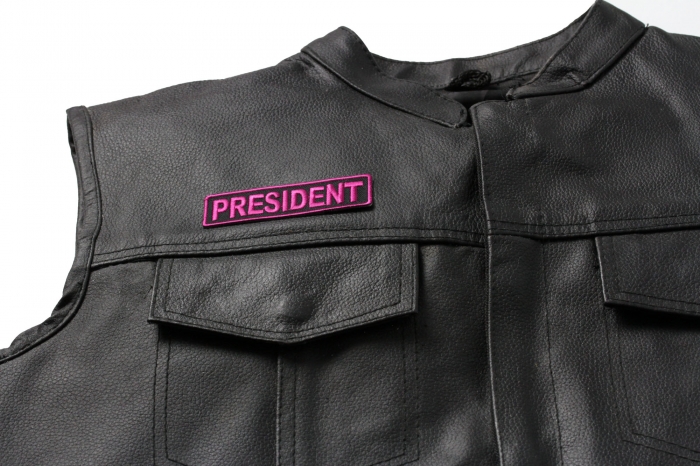 President Patch 3.5 Inch Pink - 3.5x1 inch shown on leather vest
