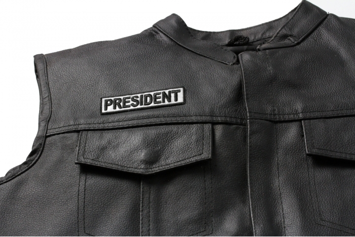 President Patch, Motorcycle Club Patches for Bikers shown on leather vest