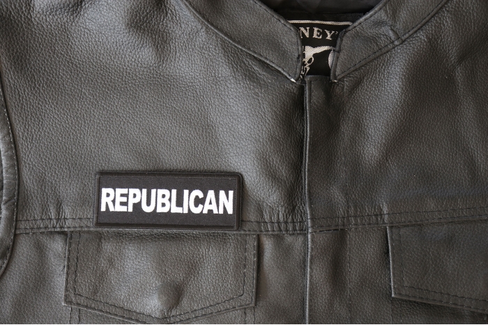 Republican Patch - 4x1.5 inch - Embroidered Iron on Patch shown on leather vest