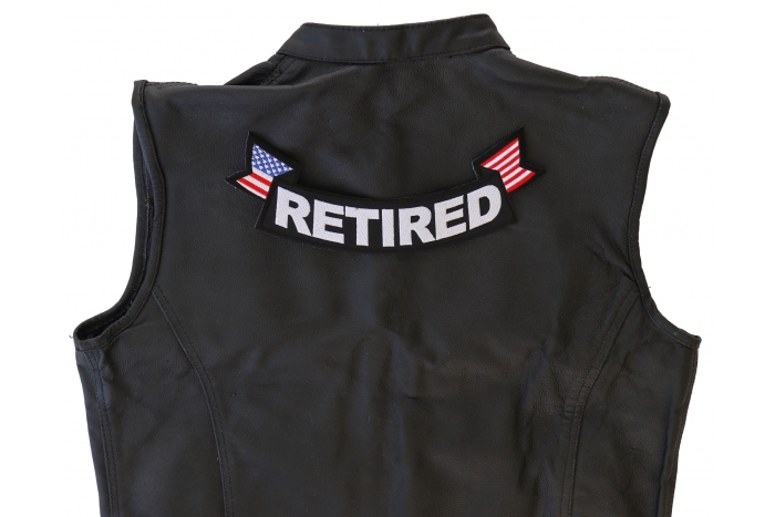 Retired Patch, US Flag Large Rocker Patch shown on leather vest