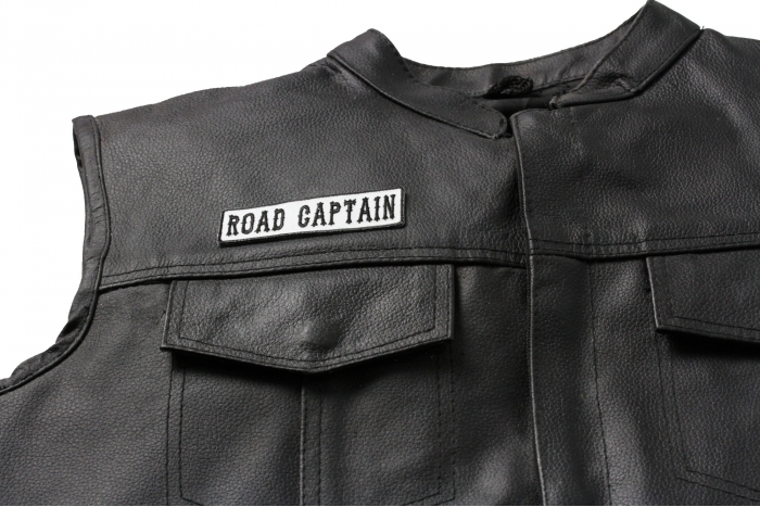 Road Captain Patch Black On White - Iron on Patch - 3.5x1 inch shown on leather vest