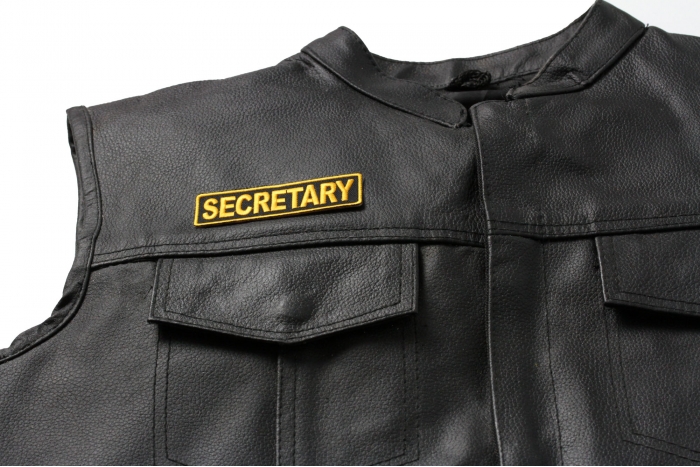 Secretary Patch, Motorcycle Club Patches for Bikers shown on leather vest