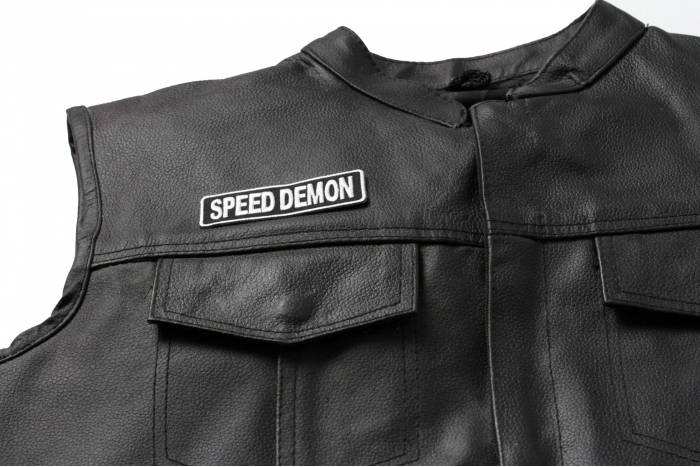 Speed Demon Patch - 3.5x1 inch shown on leather vest