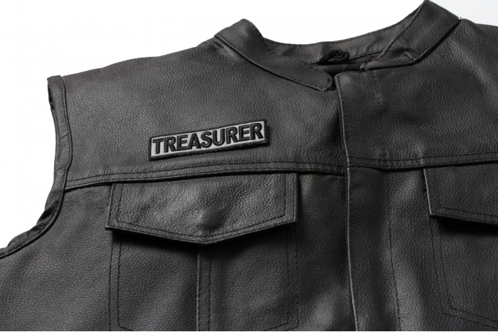 Treasurer Patch 3.5 Inch Reflective - 3.5x1 inch shown on leather vest