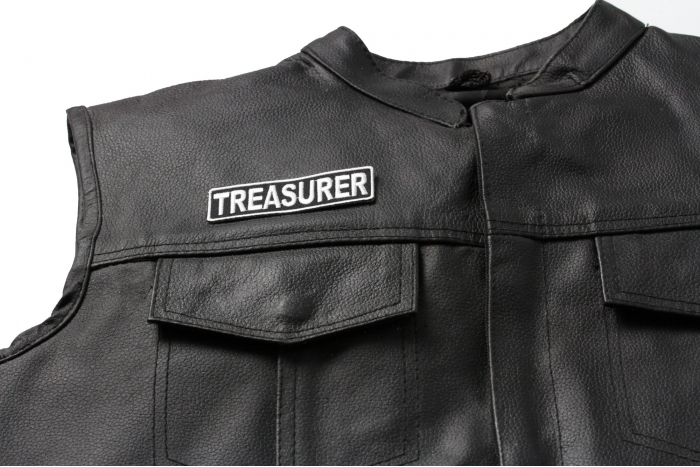 Treasurer Patch, Motorcycle Club Patches for Bikers shown on leather vest