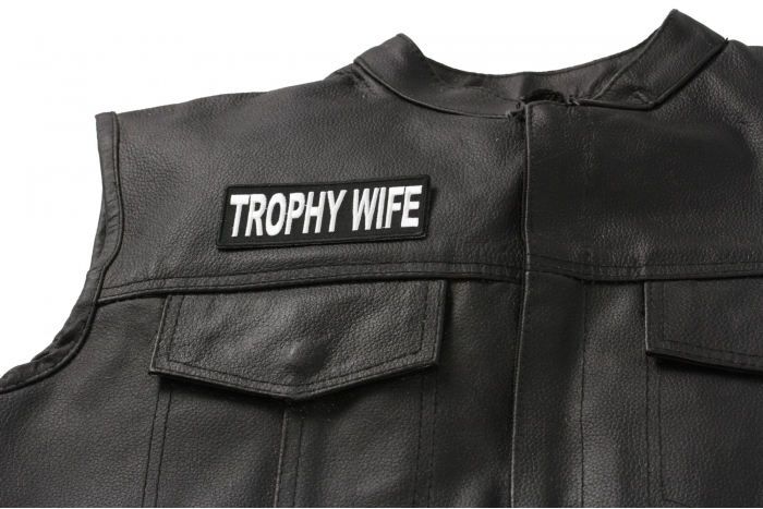 Trophy Wife Patch, Funny Patches for Ladies shown on leather vest