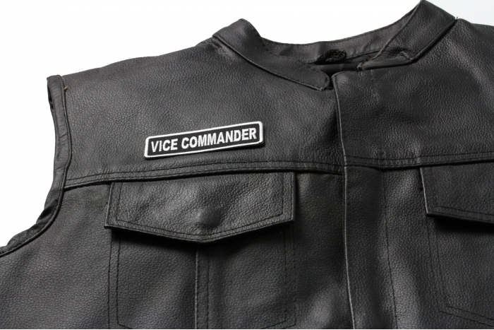 Vice Commander Patch - Iron on Patch - 3.5x1 inch shown on leather vest