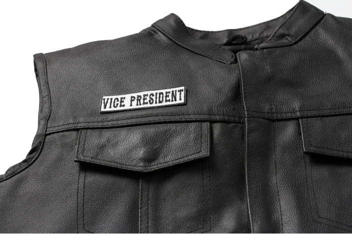Vice President Patch Black On White - Iron on Patch - 3.5x1 inch shown on leather vest