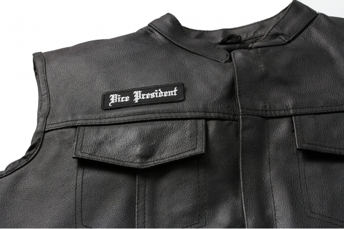 Vice President Patch In Old English - Iron on Patch - 3.5x1 inch shown on leather vest