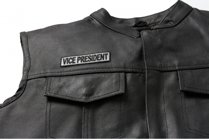 Vice President Patch, Motorcycle Club Patches for Bikers shown on leather vest
