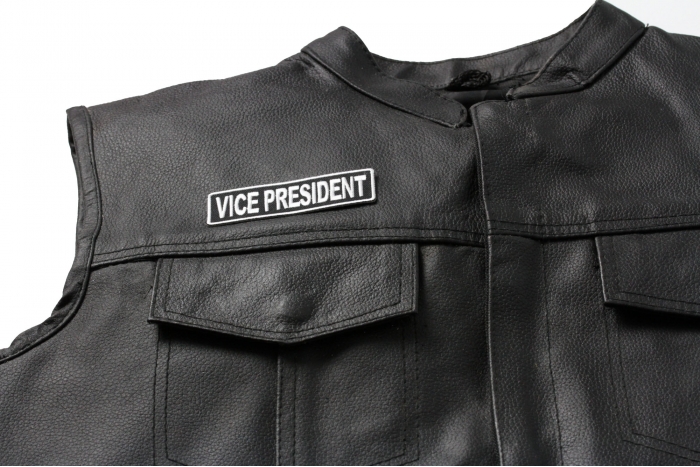 Vice President Patch, Motorcycle Club Patches for Bikers shown on leather vest