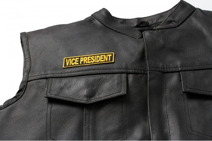 Vice President Patch, Motorcycle Club Patches for Bikers shown on leather vest