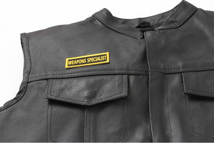 Weapons Specialist Patch, Military Saying Patches shown on leather vest