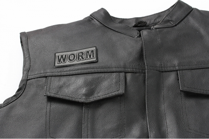 Worm Patch - Iron on Patch - 3x1.5 inch shown on leather vest
