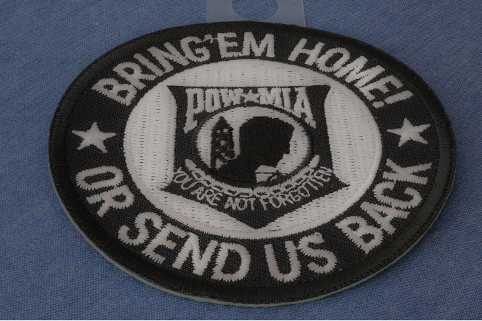 Bring Em Home or Send US Back Small Iron on Patch diagonal view