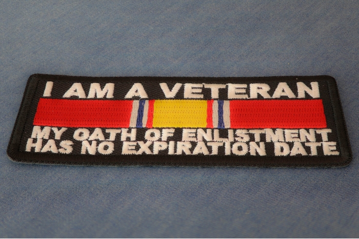 I Am A Veteran My Oath Of Enlistment Has No Expiration Date Patch with National Defense Ribbon diagonal view
